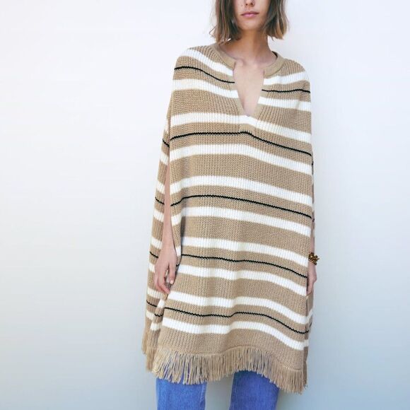 Zara Striped Knit Poncho Fringe New - Picture 3 of 7